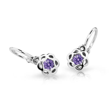 Dětské náušnice Danfil kytičky C2179 z bílého zlata s kamínkem Amethyst, zapínání brizura