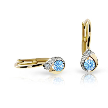 Dětské náušnice Danfil kapky C1898 ze žlutého zlata s kamínkem Arctic Blue, zapínání klapka