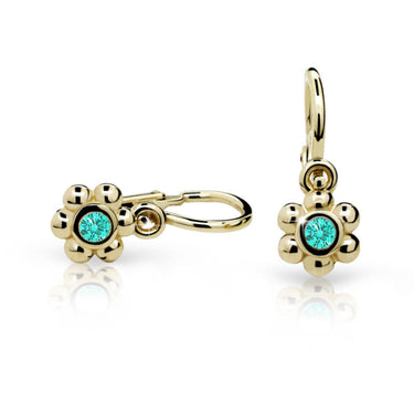 Dětské náušnice Danfil kytičky C2031 ze žlutého zlata s kamínkem Mint Green, zapínání brizura