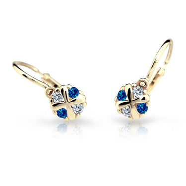 Dětské náušnice Danfil C2153 ze žlutého zlata s kamínky Dark Blue, zapínání brizura