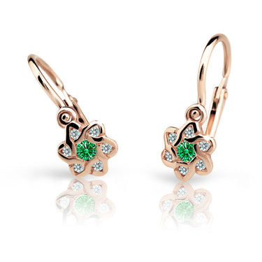 Dětské náušnice Danfil kytičky C2149 z růžového zlata s kamínkem Emerald Green, zapínání brizura
