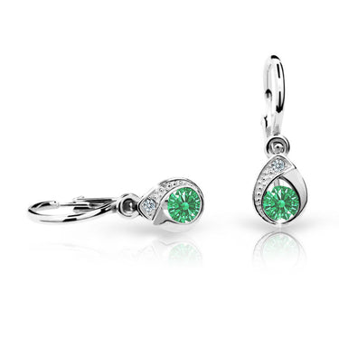 Dětské náušnice Danfil kapky C1898 z bílého zlata s kamínkem Emerald Green, zapínání brizura