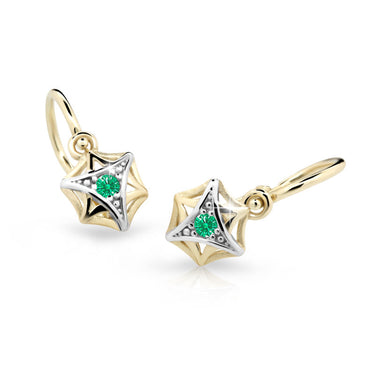 Dětské náušnice Danfil C2209 ze žlutého zlata s kamínkem Emerald Green, zapínání brizura