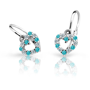 Dětské náušnice Danfil srdíčka C2157 z bílého zlata s kamínky Mint Green, zapínání brizura