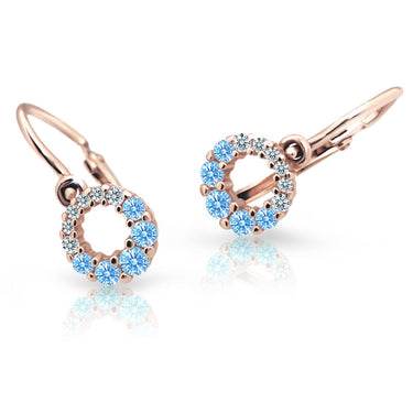 Dětské náušnice Danfil C2154 z růžového zlata s kamínky Arctic Blue, zapínání brizura