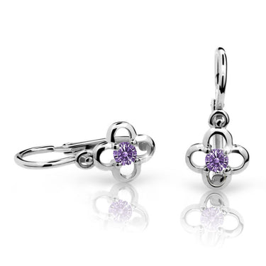 Dětské náušnice Danfil kytičky C1944 z bílého zlata s kamínkem Amethyst, zapínání brizura