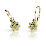 Dětské náušnice Danfil kytičky C2149 ze žlutého zlata s kamínkem Peridot Green, zapínání brizura