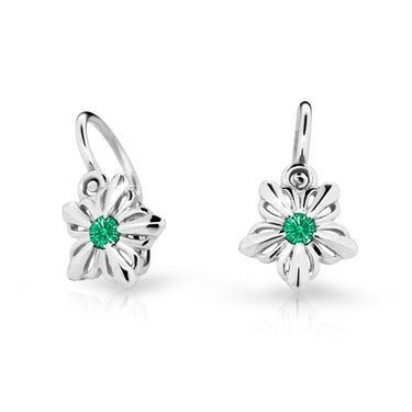 Dětské náušnice Danfil kytičky C2238 z bílého zlata s kamínkem Emerald Green, zapínání brizura