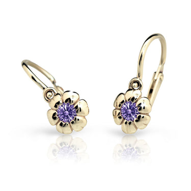 Dětské náušnice Danfil kytičky C2151 ze žlutého zlata s kamínkem Amethyst, zapínání brizura