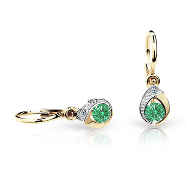 Dětské náušnice Danfil kapky C1898 ze žlutého zlata s kamínkem Emerald Green, zapínání brizura