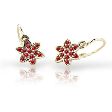 Dětské náušnice Danfil kytičky C2206 ze žlutého zlata s kamínky Ruby Dark, zapínání brizura