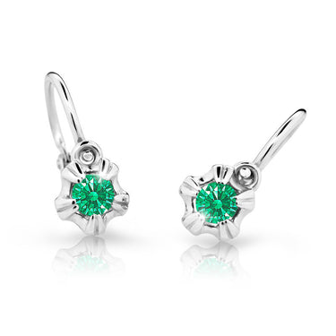 Dětské náušnice Danfil C2158 z bílého zlata s kamínkem Emerald Green, zapínání brizura