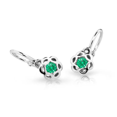 Dětské náušnice Danfil kytičky C2179 z bílého zlata s kamínkem Emerald Green, zapínání brizura