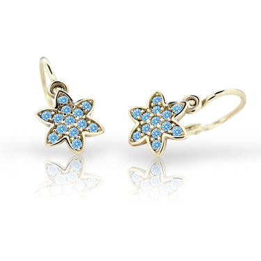 Dětské náušnice Danfil kytičky C2206 ze žlutého zlata s kamínky Arctic Blue, zapínání brizura