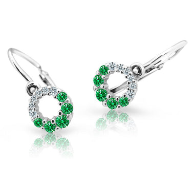 Dětské náušnice Danfil C2154 z bílého zlata s kamínky Emerald Green, zapínání brizura