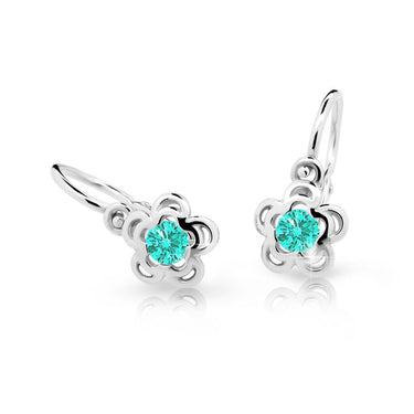Dětské náušnice Danfil kytičky C2204 z bílého zlata s kamínkem Mint Green, zapínání brizura