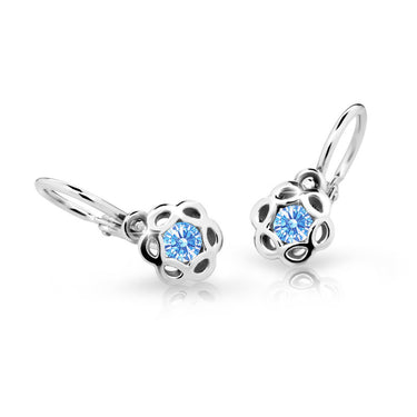 Dětské náušnice Danfil kytičky C2179 z bílého zlata s kamínkem Arctic Blue, zapínání brizura