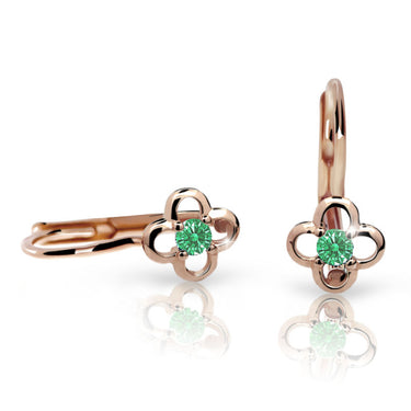 Dětské náušnice Danfil kytičky C1944 z růžového zlata s kamínkem Emerald Green, zapínání klapka