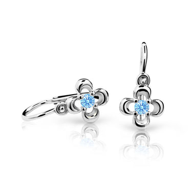Dětské náušnice Danfil kytičky C2013 z bílého zlata s kamínkem Arctic Blue, zapínání brizura