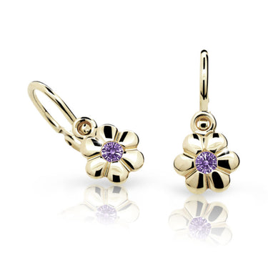 Dětské náušnice Danfil kytičky C1736 ze žlutého zlata s kamínkem Amethyst, zapínání brizura