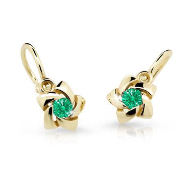 Dětské náušnice Danfil C2201 ze žlutého zlata s kamínkem Emerald Green, zapínání brizura